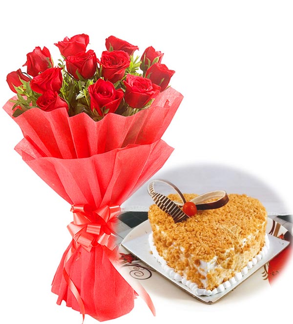 Red Roses & Heartshape Butter Scotch Cakecake delivery Ajmer