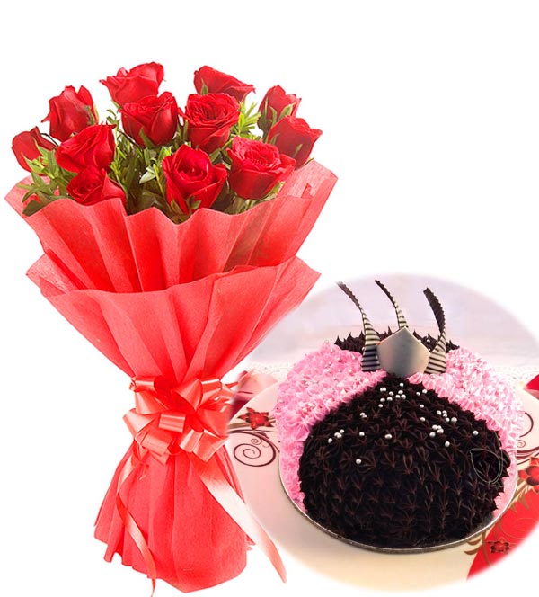 Red Roses Bunch & 1 KG Choc-Strawberry Cake  cake delivery Delhi