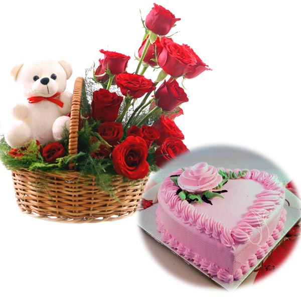Rose Basket & Heartshape Strawberry Cakecake delivery Ajmer