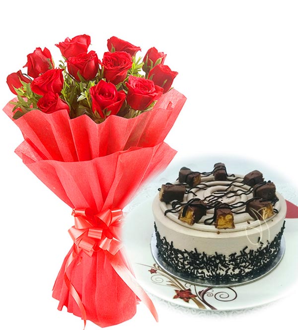 Red Roses & Chocolate Snicker Cake cake delivery Delhi