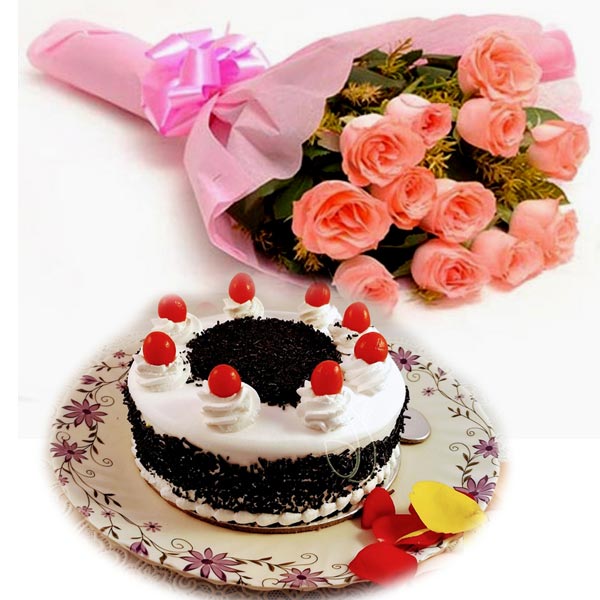 Pink Roses & Black Forest Cake cake delivery Delhi