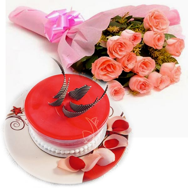 Pink Roses & Strawberry Cake cake delivery Delhi