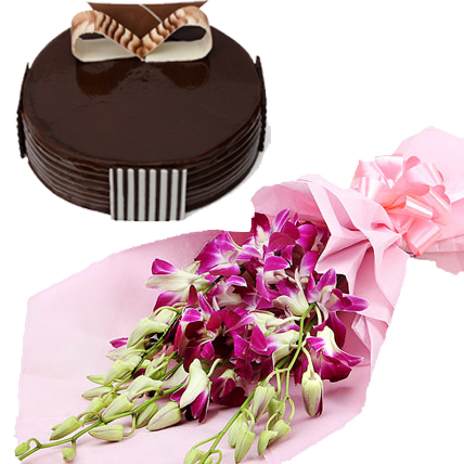 Orchid Bunch & Chocolate Truffle Cake cake delivery Delhi