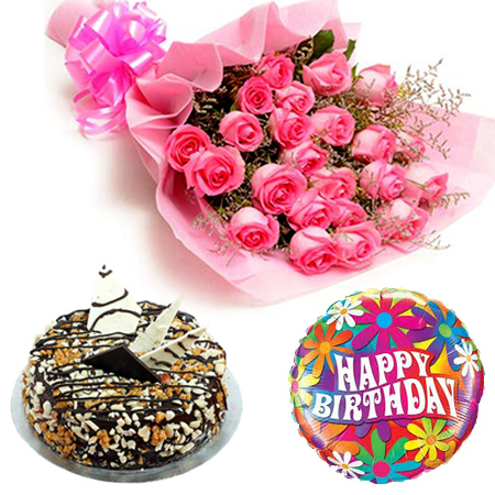 Pink Roses with Cake and Balloon cake delivery Delhi
