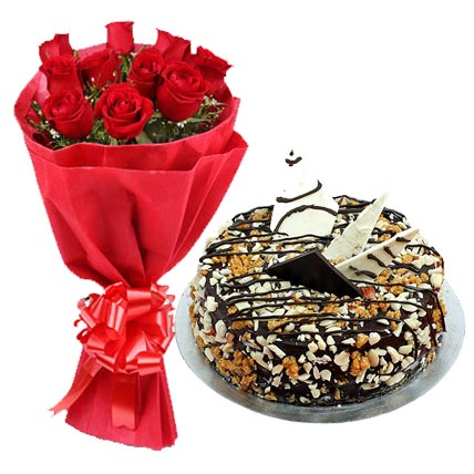 Red Roses with Nutty Delight Cake cake delivery Delhi
