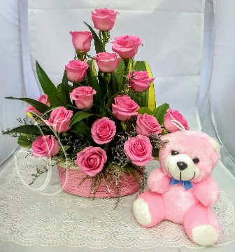 Pink Rose Basket & Small Teddy cake delivery Delhi