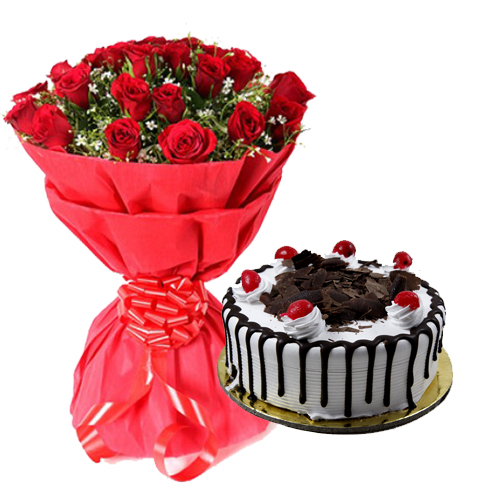 Bunch of Red Rose & Black Forest Cake cake delivery Delhi