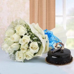 Bunch of White Roses & Truffle Cake cake delivery Delhi