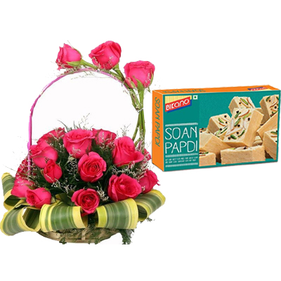 Round Basket of Pink Roses & 500Gm Soan Papdicake delivery V.V.nagar