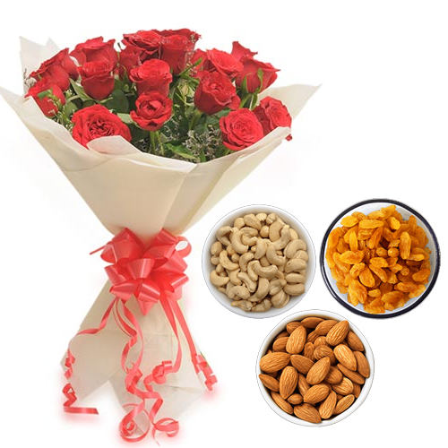 Roses Bunch & 750Gm Mix Dry Fruits cake delivery Delhi