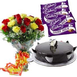 15 Roses Bunch & 1/2 kg Truffle Cake and 5 Dairy Milk Chocolates cake delivery Delhi