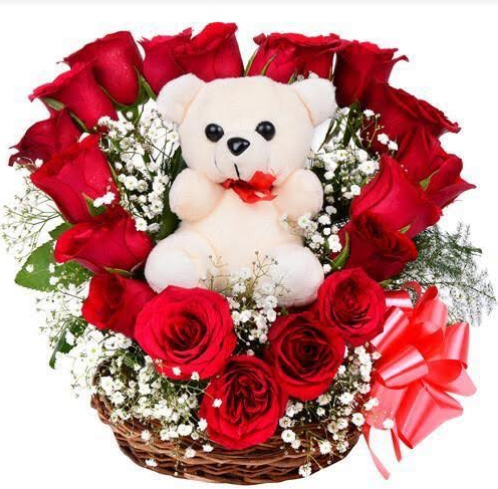 Basket of 20 Red Roses with Teddy Bear cake delivery Delhi