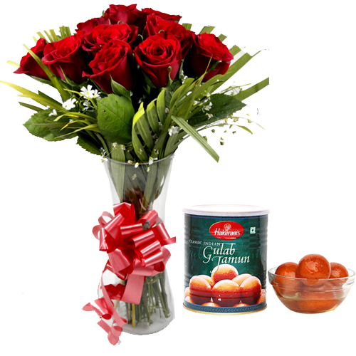 Roses in Vase & 1Kg Gulab Jamun Pack cake delivery Delhi