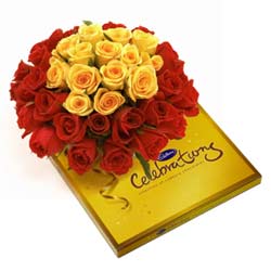 A bunch of 30 Mix Roses with Cadbury Celebration pack Big cake delivery Delhi
