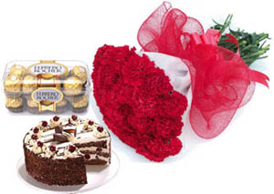 bunch of 15 Carnation, 1/2kg Cake and 16 Pc Ferrero Rocher Chocolate cake delivery Delhi
